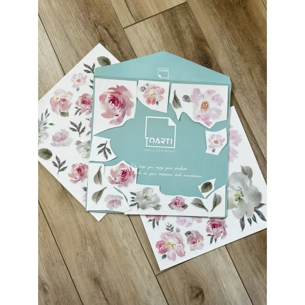 Toarti Vinyl Wall Decals Pink Poppy Roses Flowers Leaves Peel & Stick Decor (54)